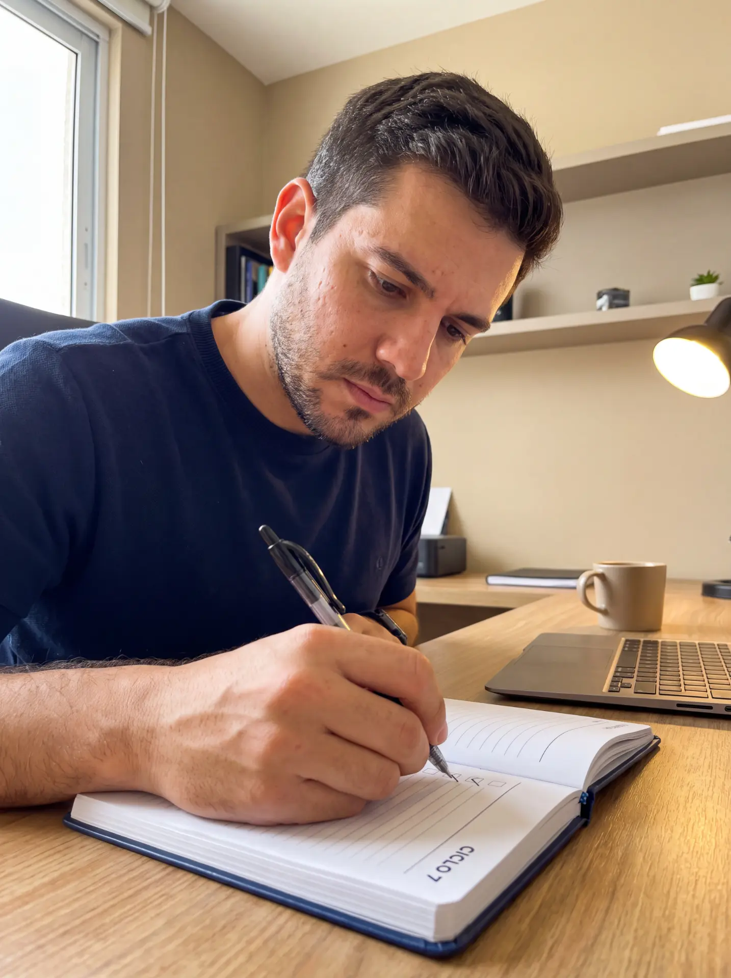 Homem riscando o checklist do dia no caderno do Ciclo 7, com o notebook e o café ao lado